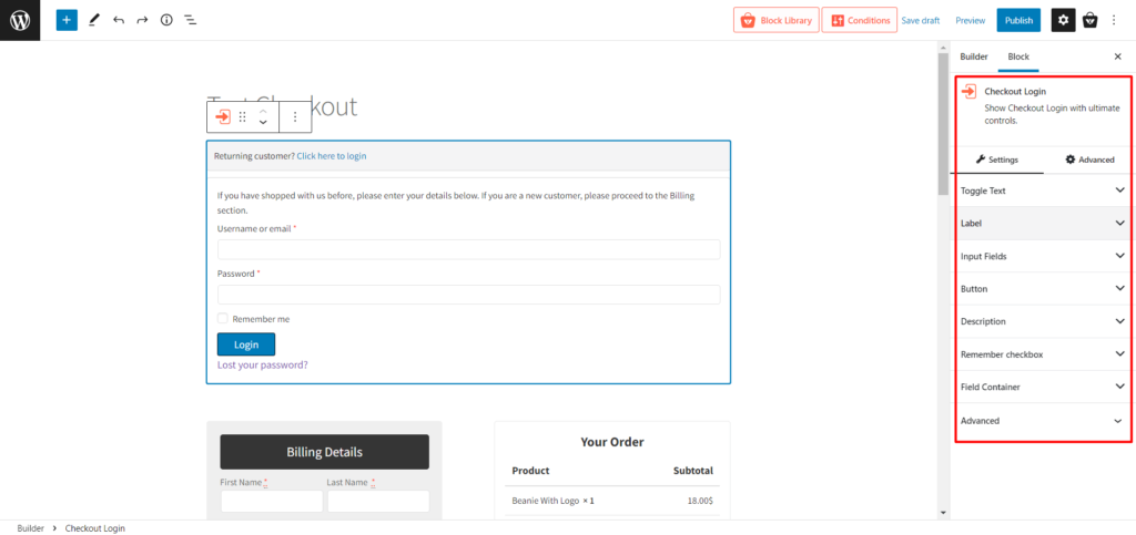 如何使用 ProductX 6 創建和自定義 WooCommerce 結帳頁面模板 Checkout Login Block Settings