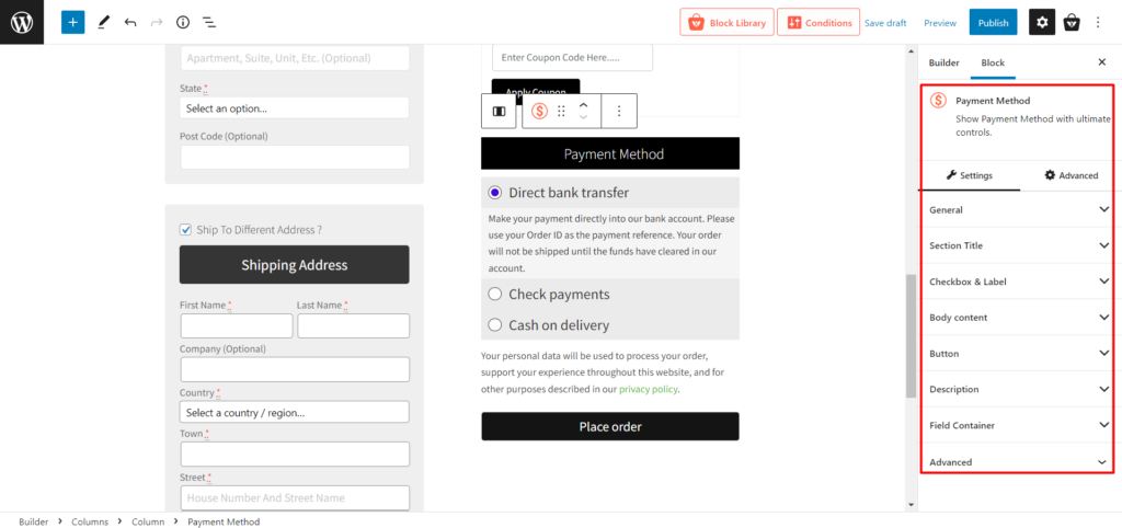 如何使用 ProductX 12 創建和自定義 WooCommerce 結帳頁面模板 Payment Method Block Settings