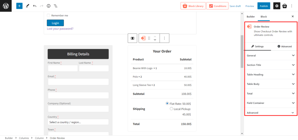 如何使用 ProductX 10 創建和自定義 WooCommerce 結帳頁面模板 Order Review Block Settings