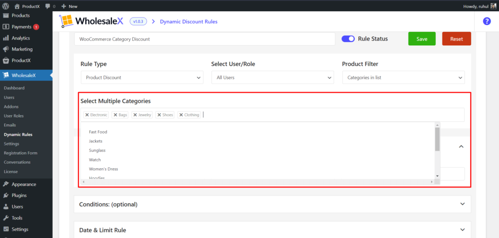如何使用 WholesaleX 8 設置 WooCommerce 類別折扣 WholesaleX Selecting Product Categories