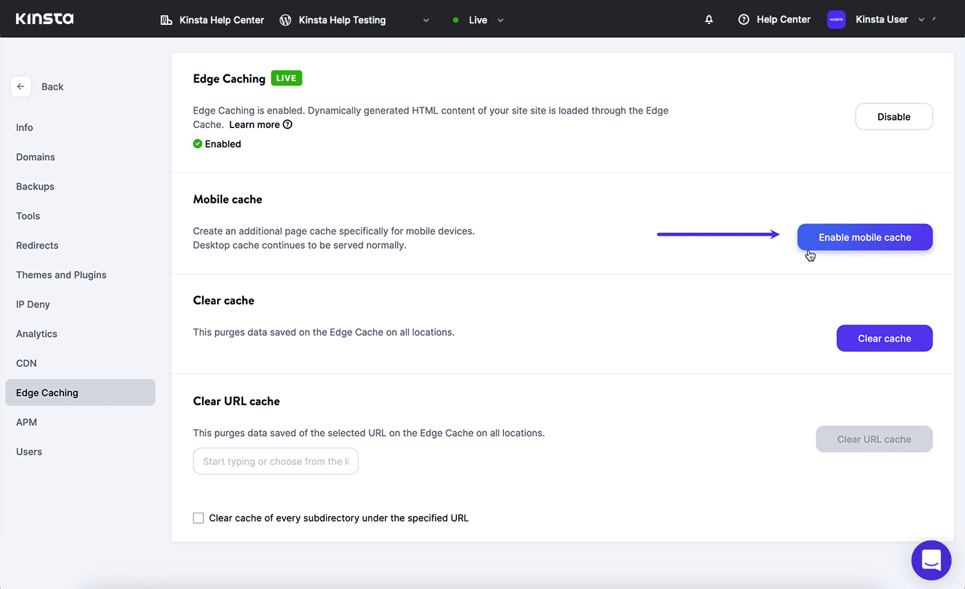 屏幕截圖:在 MyKinsta 中啟用移動緩存。