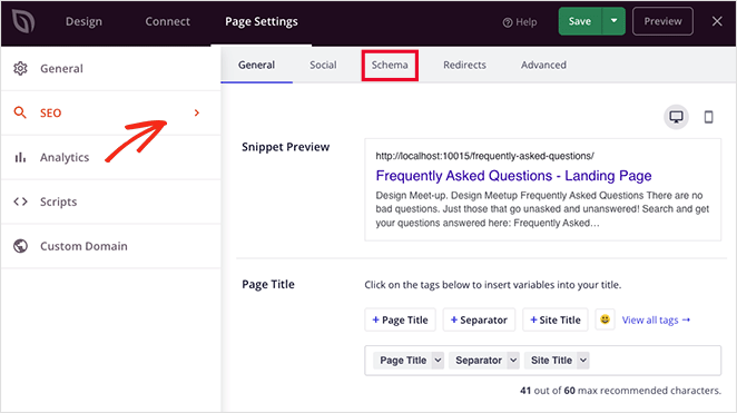 Configurações de SEO - SeedProd Open landing page SEO settings