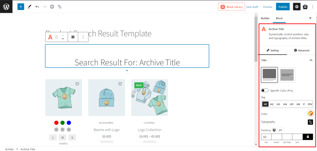 Come personalizzare la pagina dei risultati di ricerca di WooCommerce con ProductX 6 Archive Title Block Settings