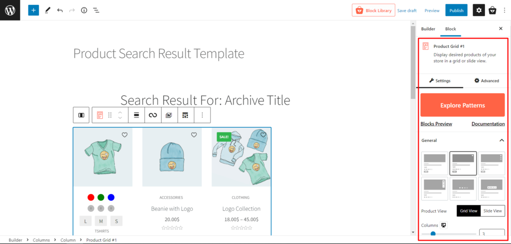 Come personalizzare la pagina dei risultati di ricerca di WooCommerce con ProductX 7 Product Grid Block Settings