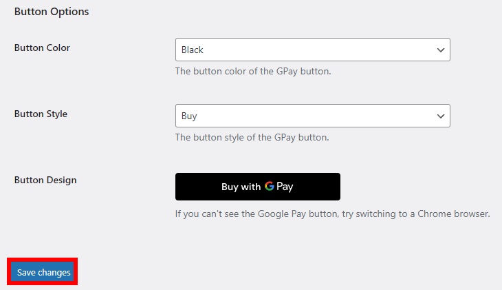 opções de botão configurar o Google Pay no WooCommerce