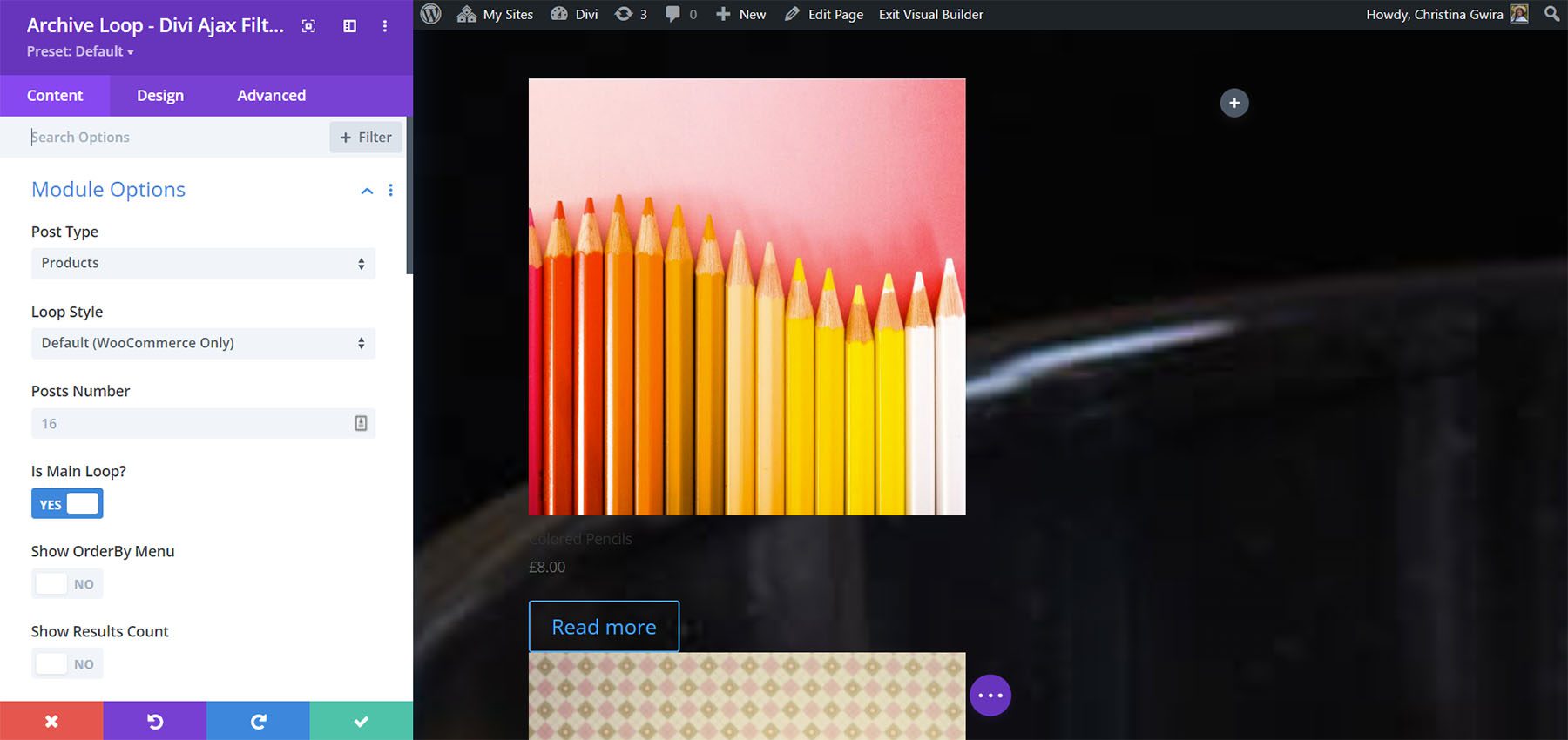Ciclo di archiviazione - Stile loop filtro Divi Ajax