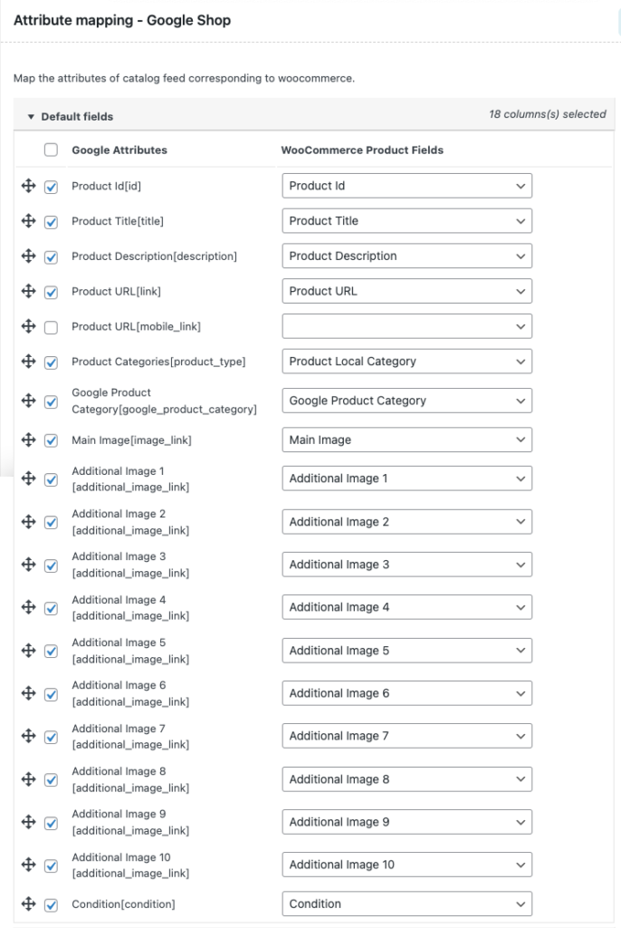 Mappage d'attributs pour Google Shops