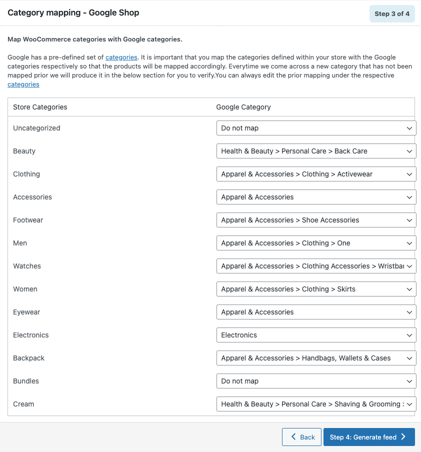 Mappatura delle categorie con le categorie di Google