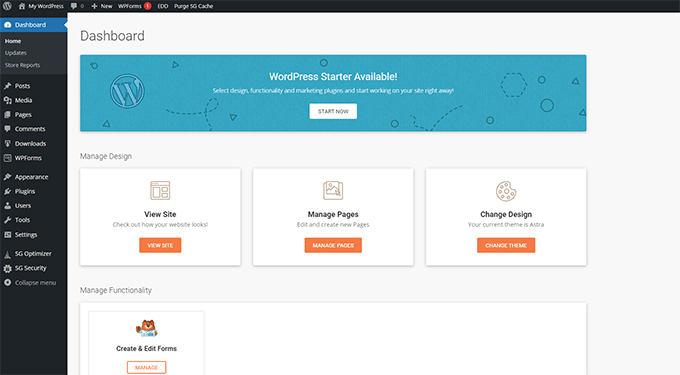 Su panel de administración de WordPress se verá así