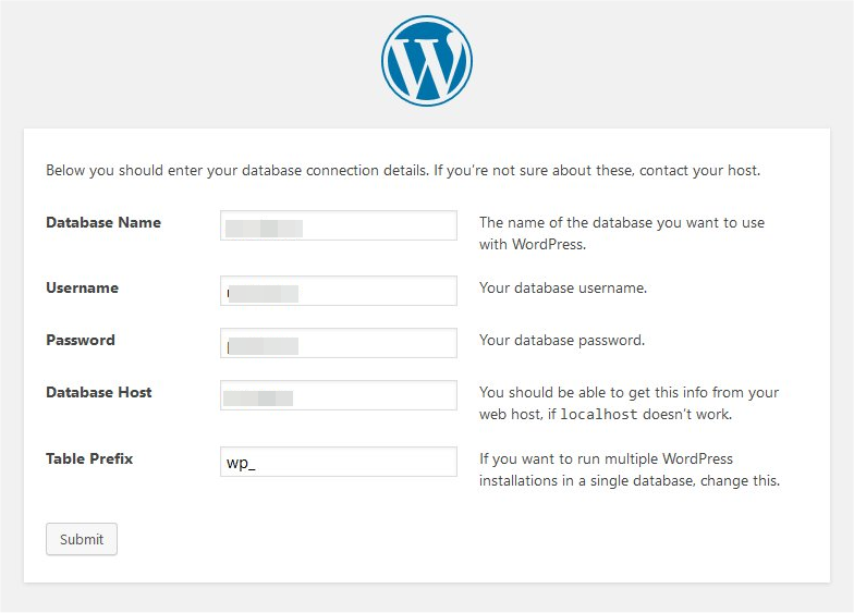 ingresando los detalles de la base de datos de WordPress
