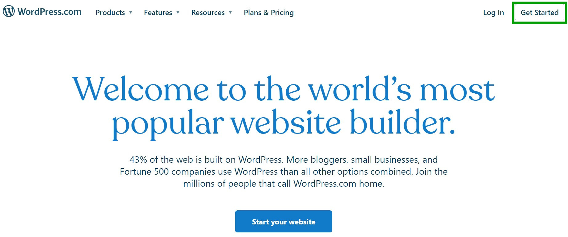 Botón Comenzar en WordPress.com