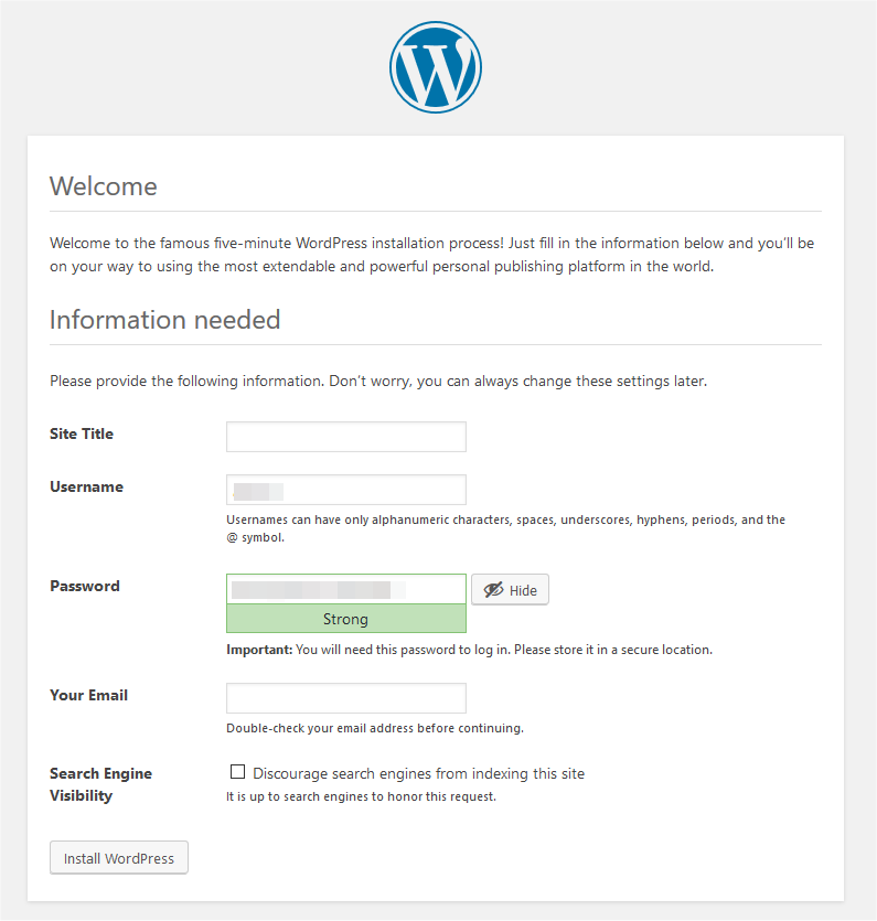 configurar los datos de inicio de sesión de WordPress