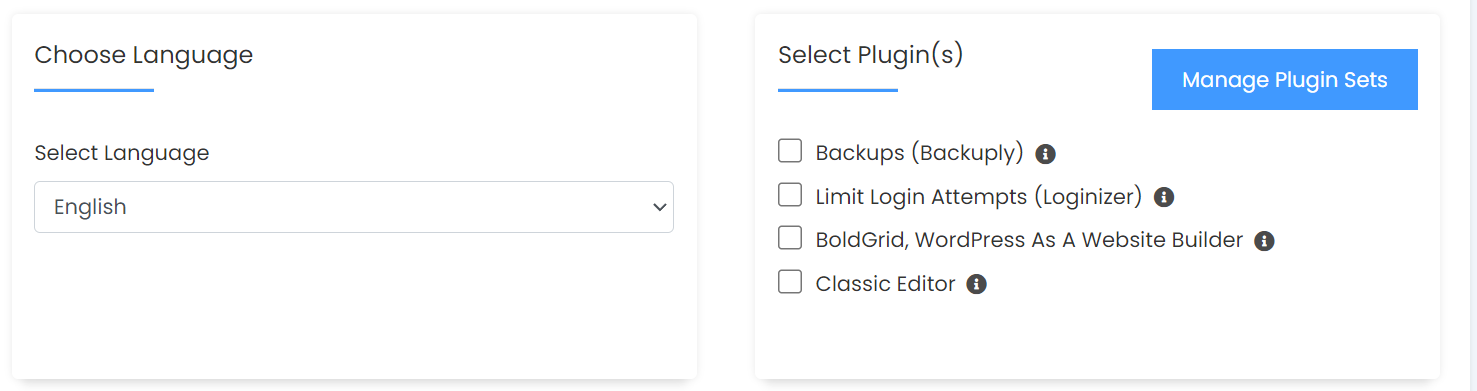 elegir los complementos instalados y el idioma de WordPress