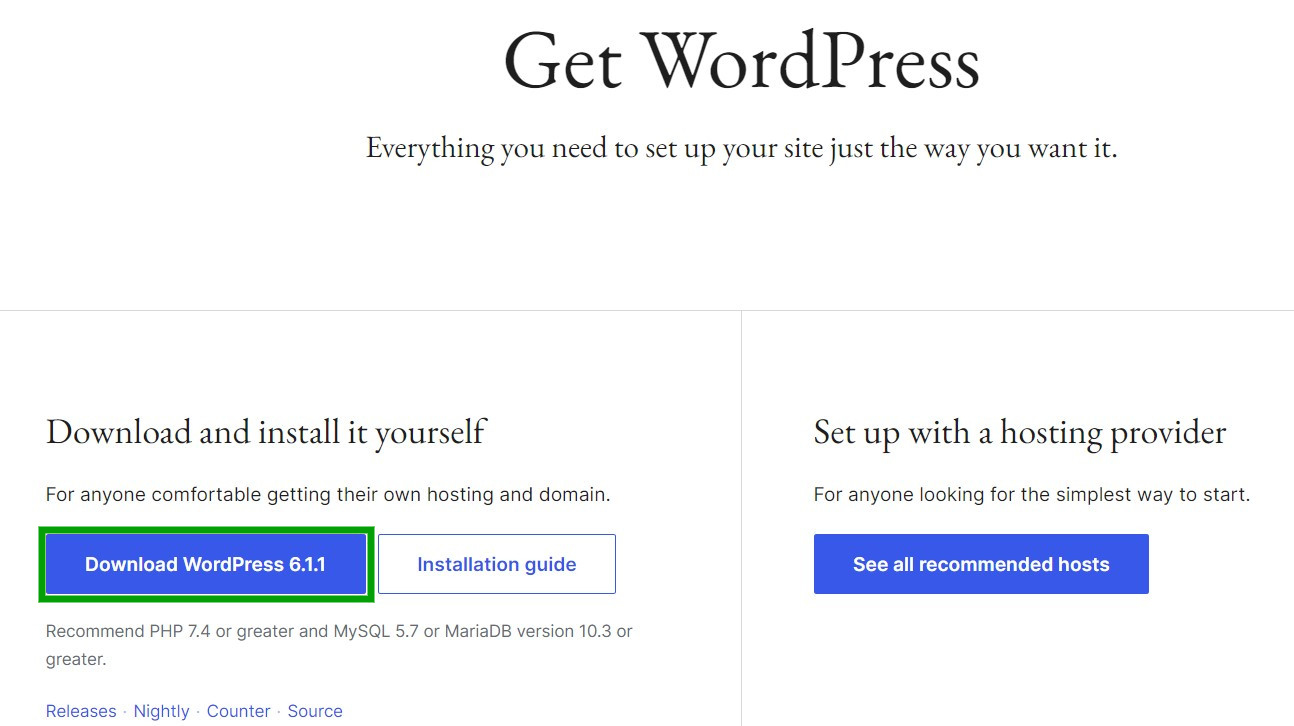 descargar WordPress desde el sitio web WordPress.org