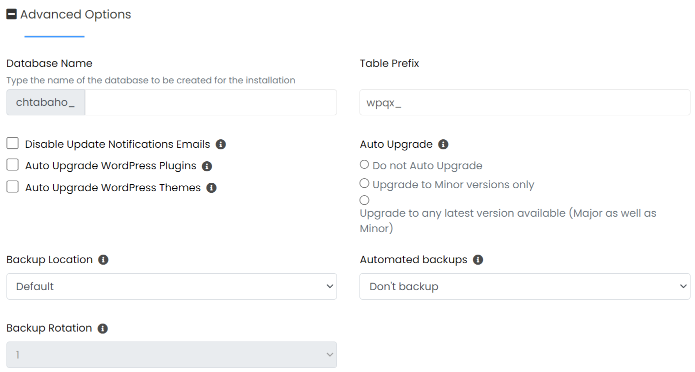 Opciones avanzadas de instalación de WordPress