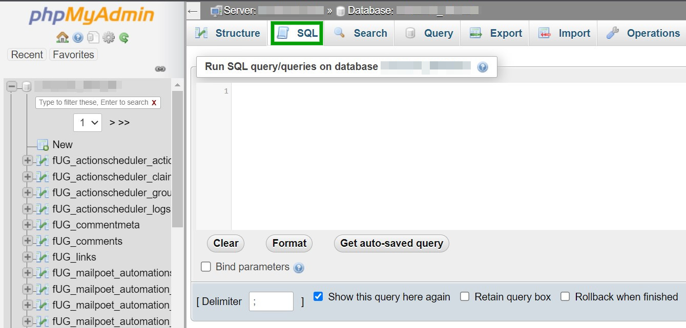 Opción SQL en phpMyAdmin