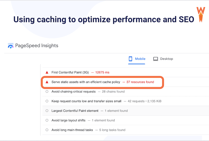 PageSpeed Insights recomienda usar el almacenamiento en caché en el informe de rendimiento - Fuente: PageSpeed Insights