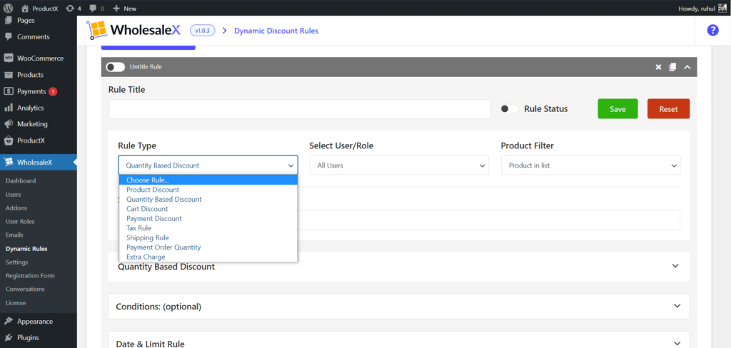 WooCommerce ロールベースの配送方法を設定する方法 7 WholesaleX Rule Type Selection