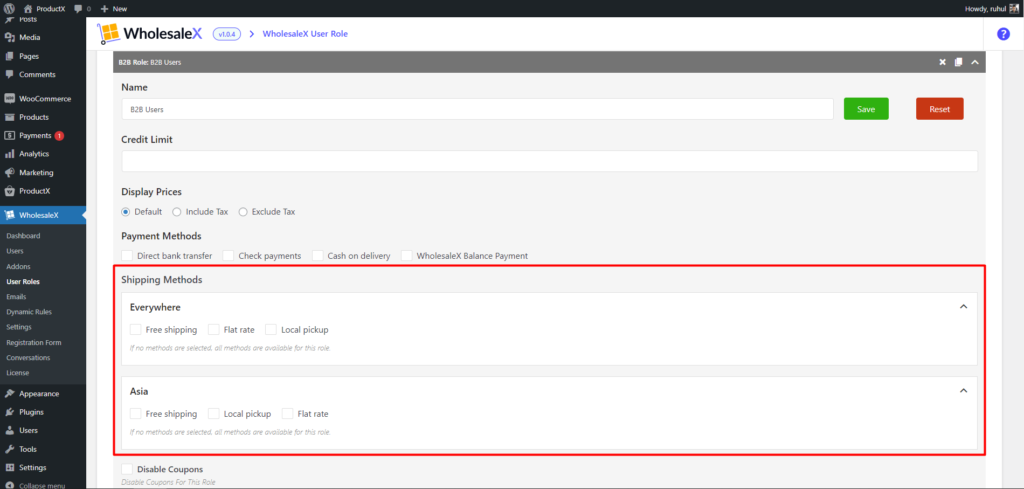 WooCommerce ロールベースの配送方法を設定する方法 4 WholesaleX Role-based Shipping Method from User roles