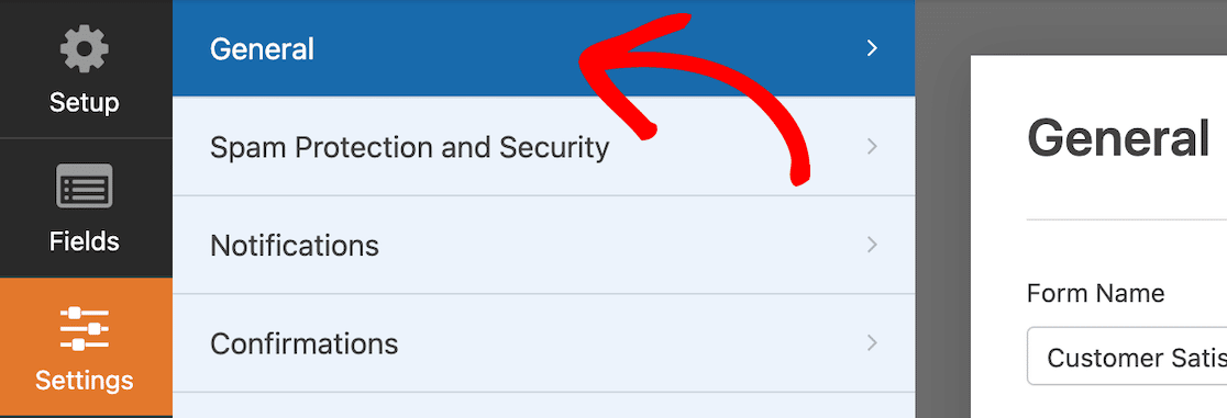 The general settings tab in WPForms form builder