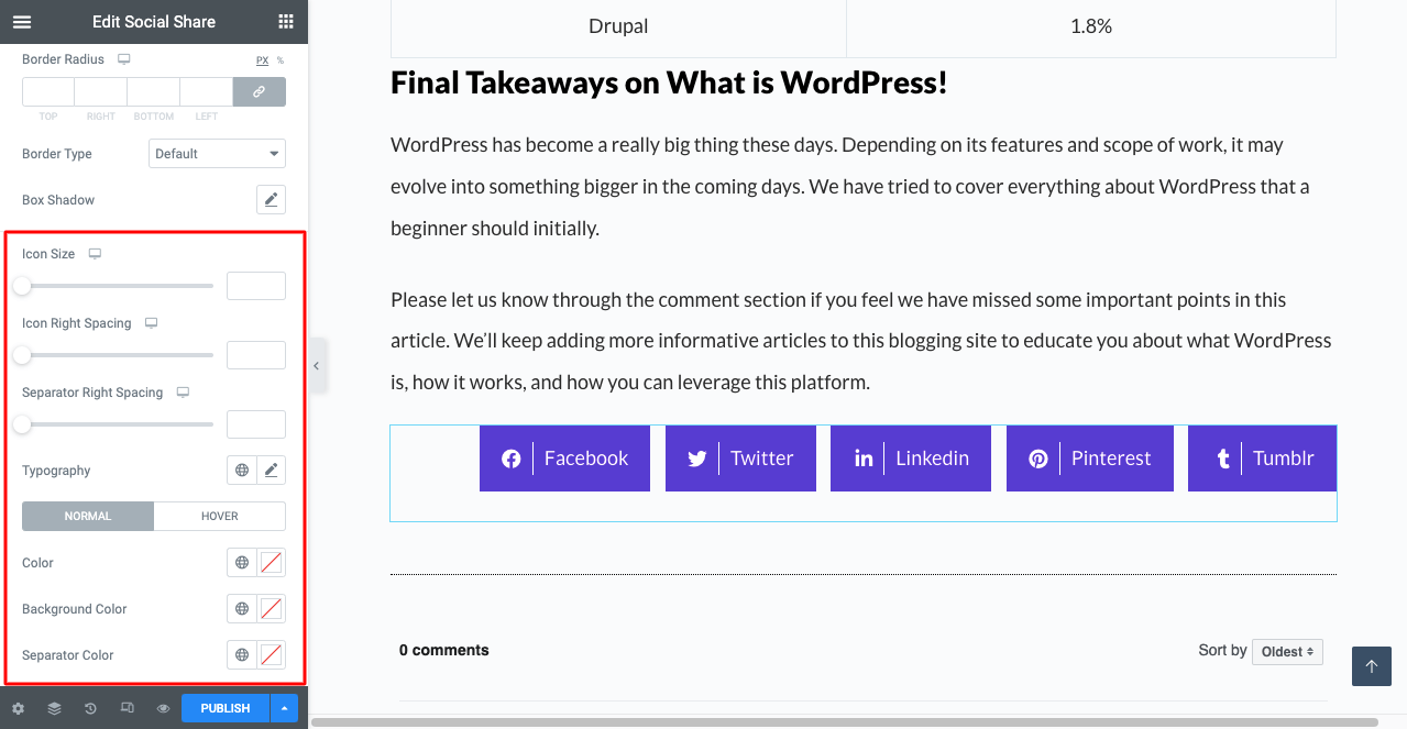 WordPress Yazılarına Sosyal Medya Paylaşım Butonları Nasıl Eklenir 12 Change Icon Size, Typography, and Color of Social Share Button