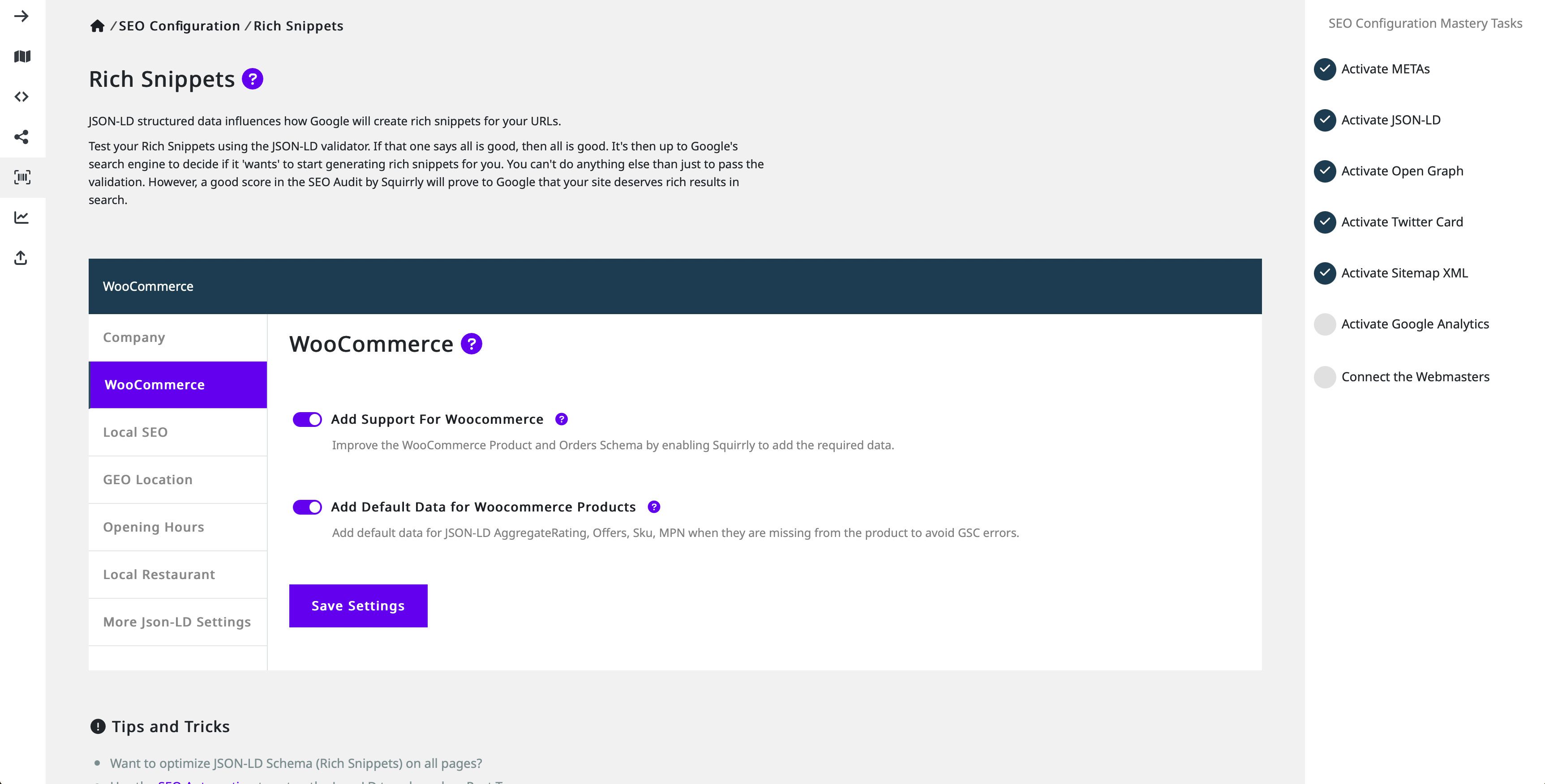 Configurações do Squirrly SEO WooCommerce