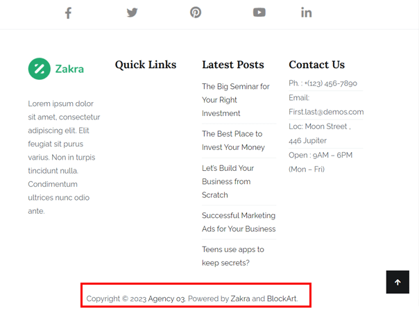 ข้อมูลลิขสิทธิ์พร้อมชื่อธีมสำหรับ Zakra