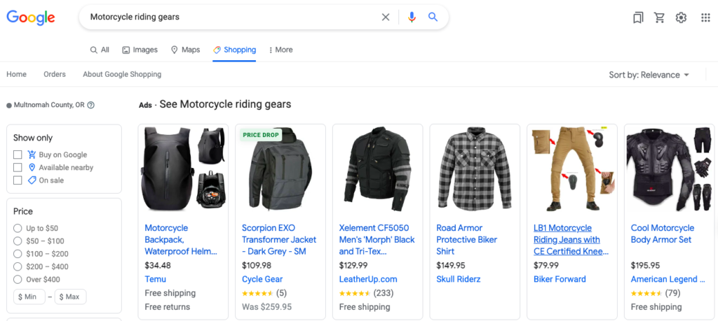 Un esempio di pagina di Google Shopping