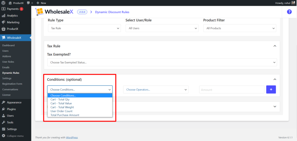 如何使用 WholesaleX 10 设置 WooCommerce 免税 WholesaleX Additional Conditions