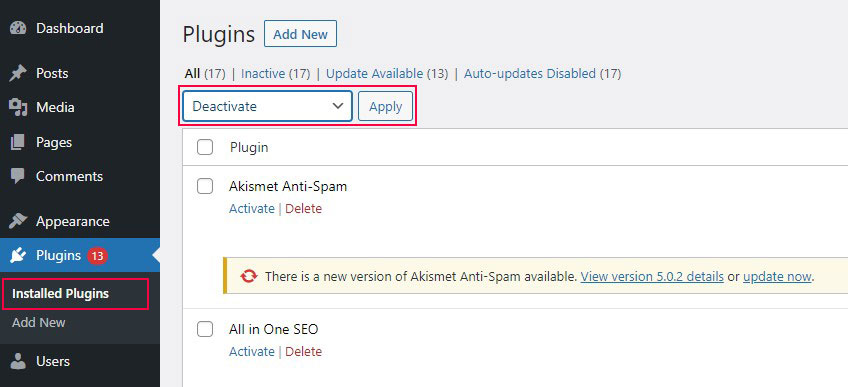 Nonaktifkan Semua Plugin WordPress