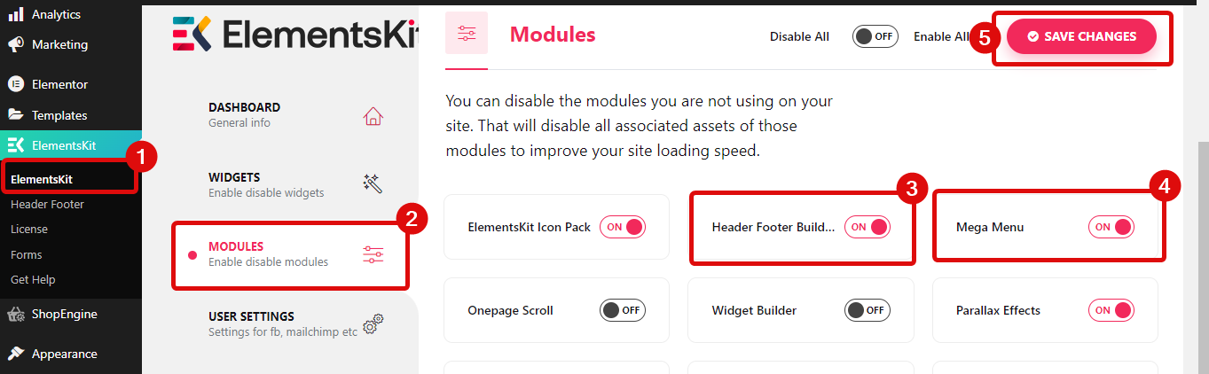 aktifkan menu mega dan pembuat header footer