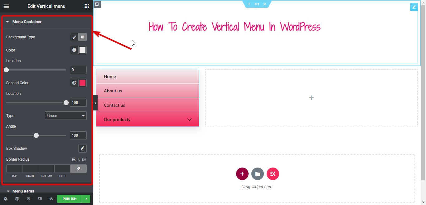 pengaturan gaya wadah menu menu WordPress Vertikal
