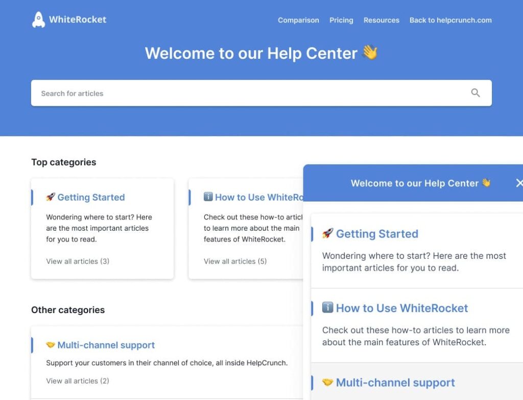 Una demostración de la base de conocimientos de HelpCrunch