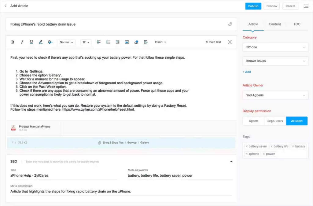 Un ejemplo de base de conocimientos creado con Zoho Desk