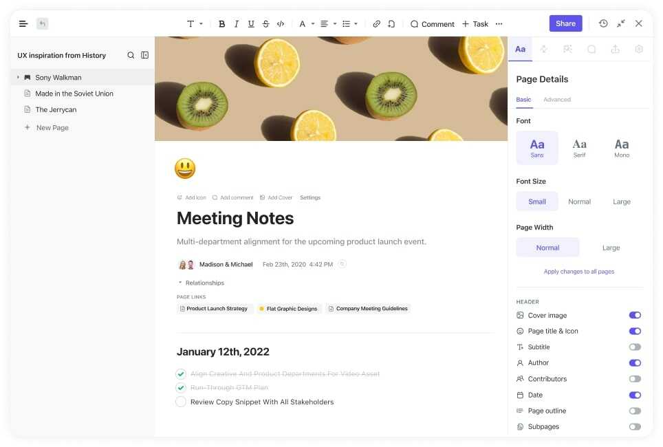 Una base de conocimientos creada con el software de gestión del conocimiento ClickUp