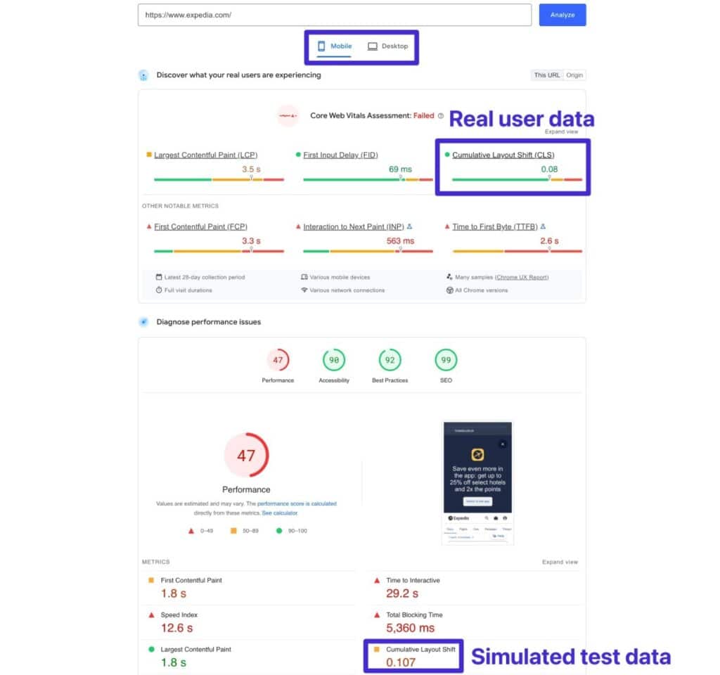 Punteggi cumulativi di spostamento del layout in PageSpeed Insights.