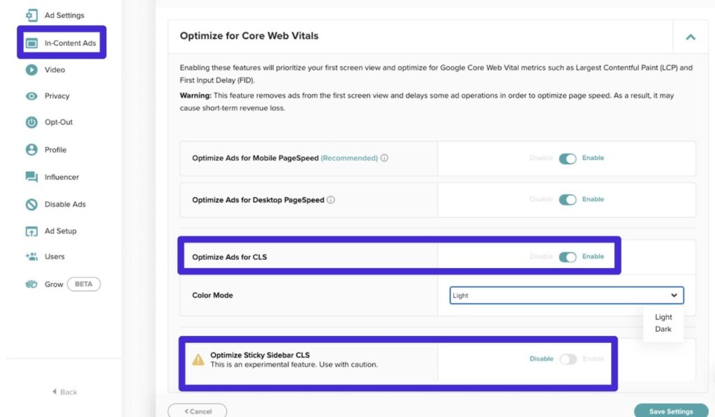 Mediavine ottimizza gli annunci per l'impostazione CLS.