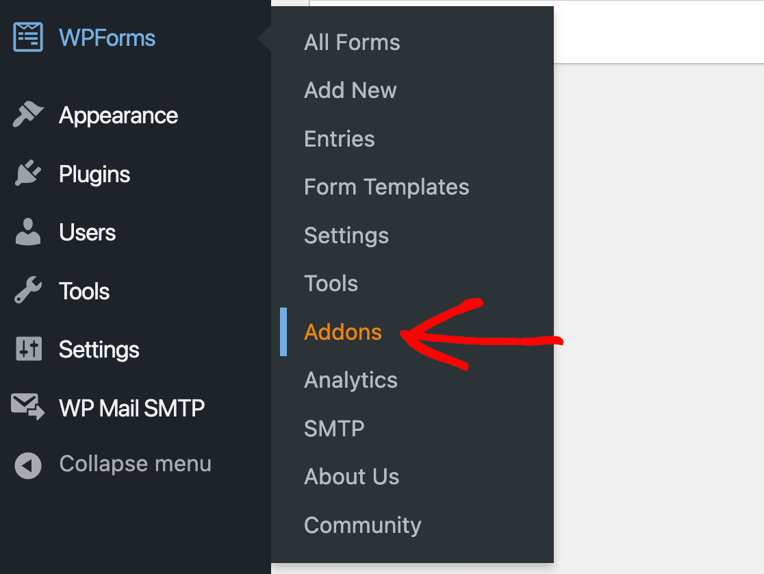 Accessing the WPForms addons screen