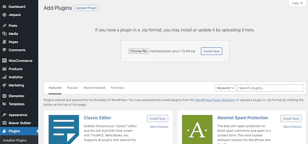 Menginstal plugin MemberPress di WordPress.