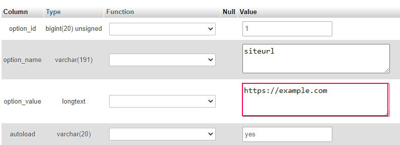 Modifica l'URL del nome dell'opzione