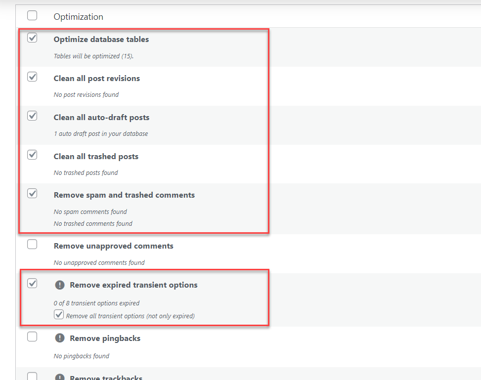 ottimizzare le regole selezionate - ottimizzare il database wordpress