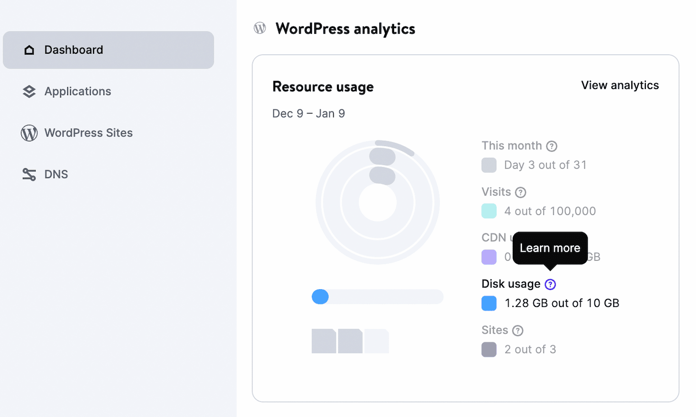 MyKinsta 내부의 디스크 사용량 번호