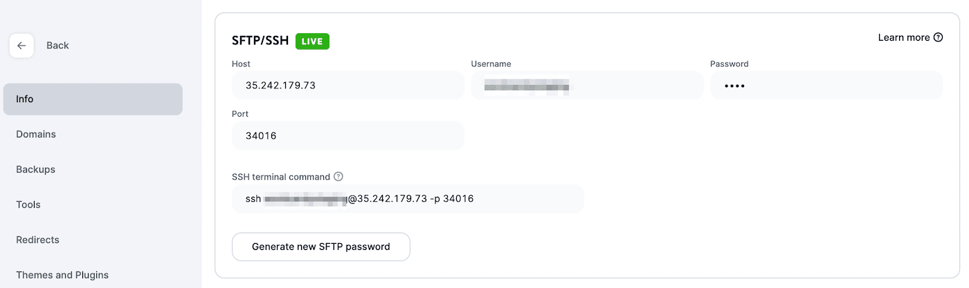 MyKinsta SFTP 로그인 자격 증명