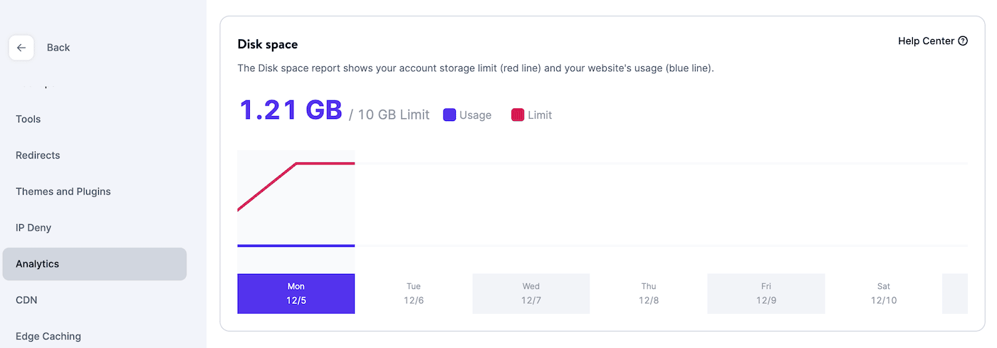Kinsta 디스크 공간 사용량 및 제한