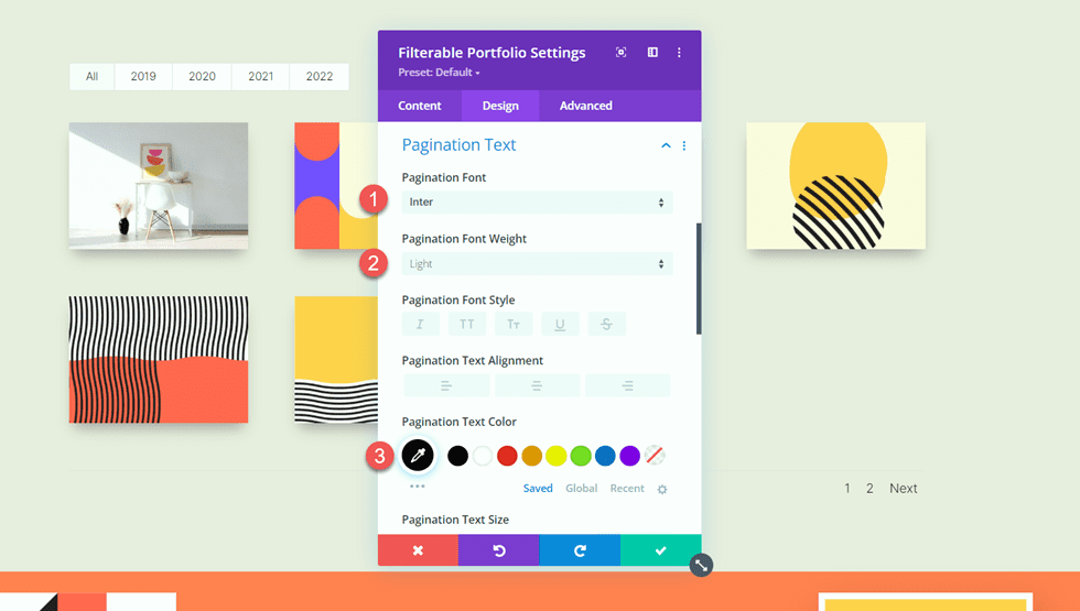 Divi Passender Portfolio- und Projekt-Paginierungstext