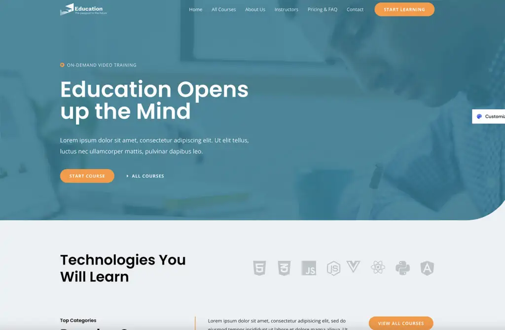 Eine Online-Kurs-Website mit dem Thema „Bildung“ ist ideal, wenn Sie planen, ein Lernmanagementsystem einzuführen