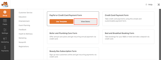 Anteprima di un modello di pagamento con carta di credito Previewing a credit card payment template