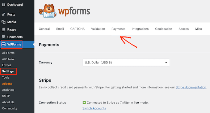 Impostazioni di pagamento di WPForms WPForms' payment settings