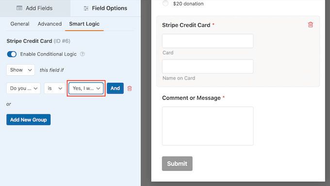 Impostazioni della logica intelligente di WPForms WPForms' smart logic settings