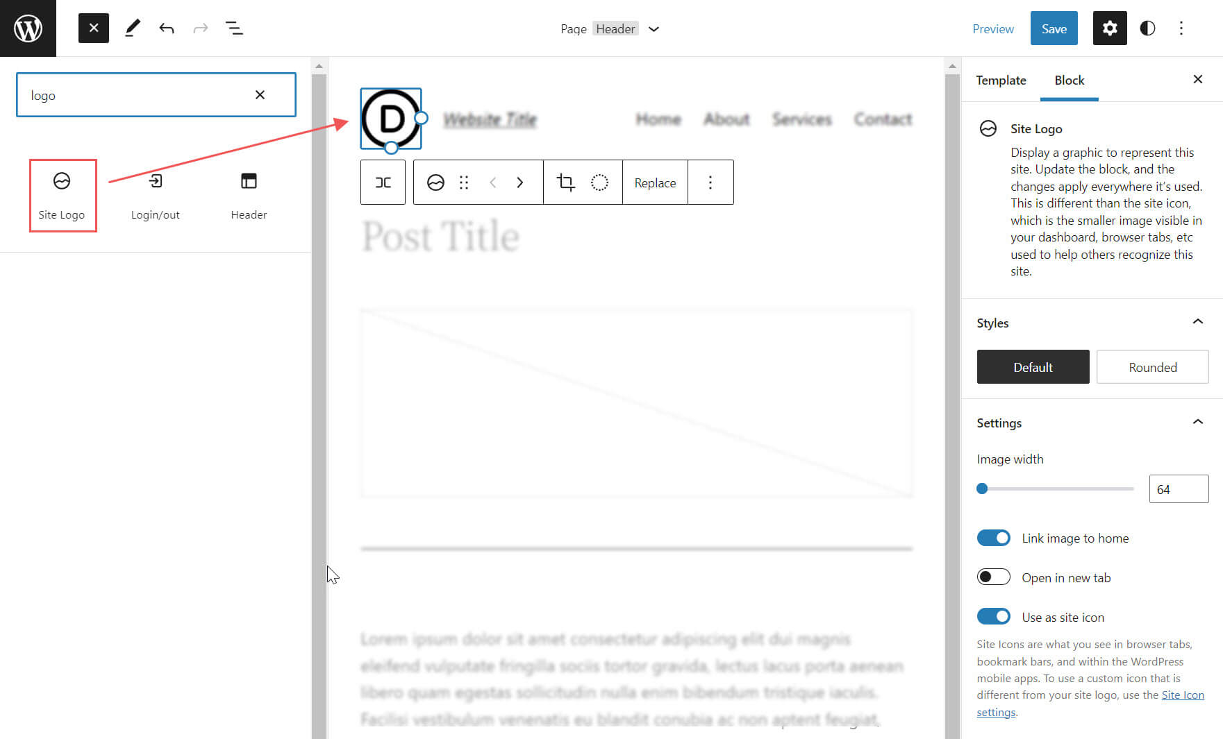 Wordpress サイトのロゴ ブロックのプレビュー
